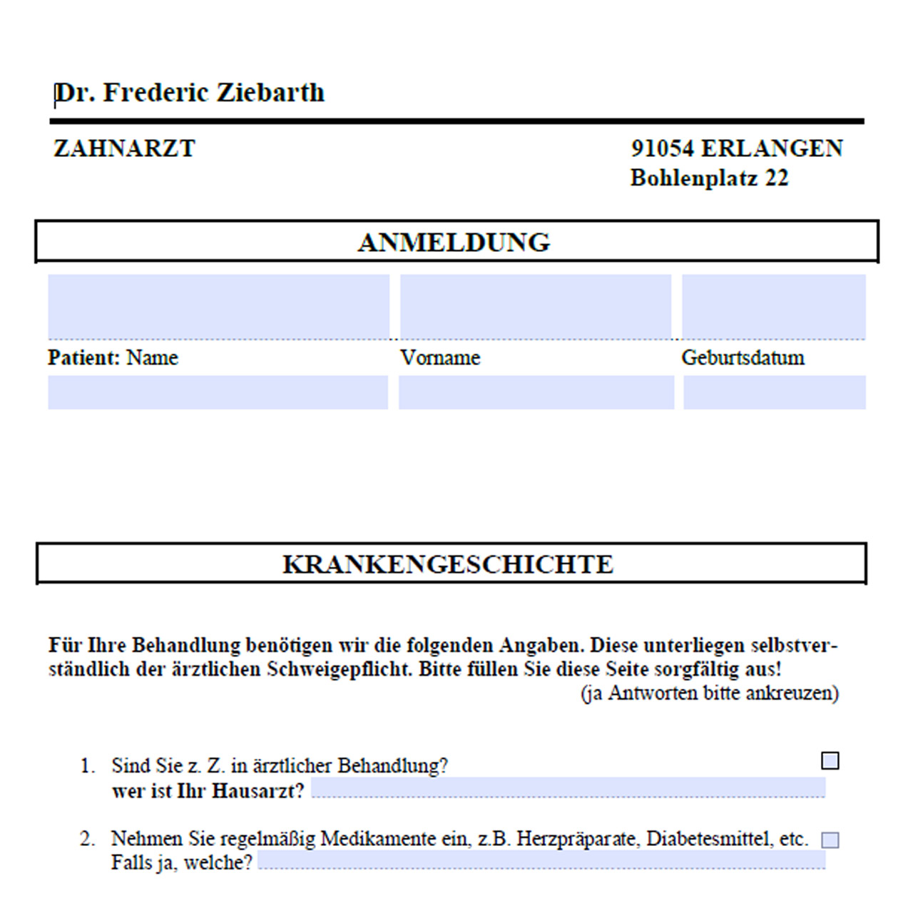 Ausschnitt Anmeldebogen